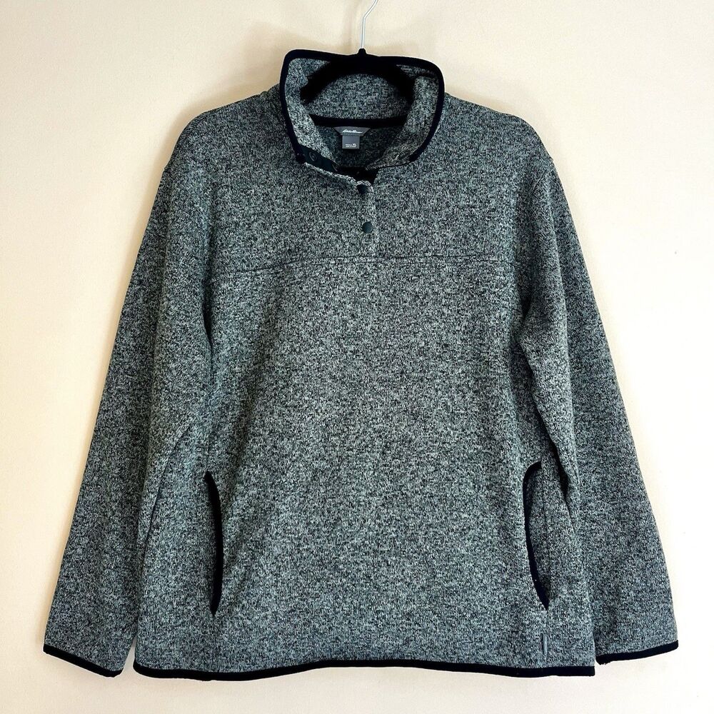Eddie Bauer Sweater Women’s XL Gray Fleece Snap Mock Neck Knit Pullover